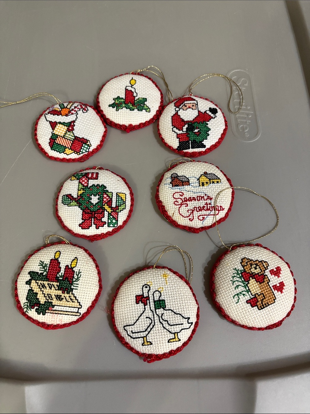 Vintage cross stitch ornaments, set of 8